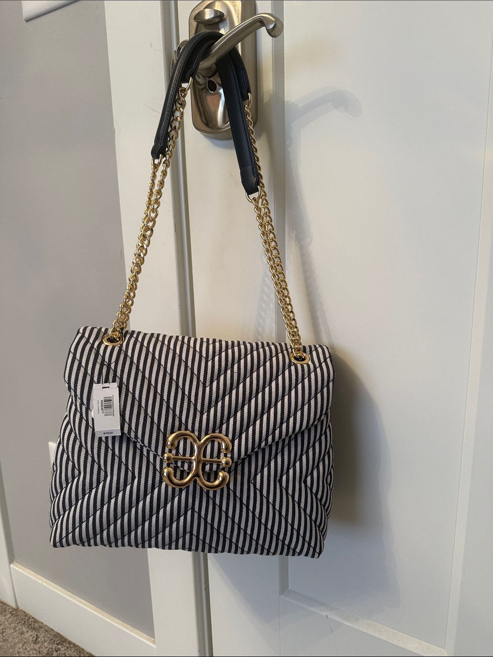 NWT Quilted Deep Navy & White Stripe Chain-Handle Shoulder Bag